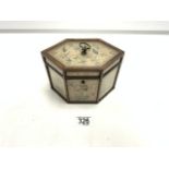 EIGHTEENTH-CENTURY INLAID MAHOGANY HEXAGONAL TEA CADDY WITH PAPER QUILLING PANELS; DATED 1799,