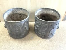 A PAIR OF LEAD CIRCULAR GARDEN PLANTERS WITH LION MASK DECORATION; 44X44 CMS.