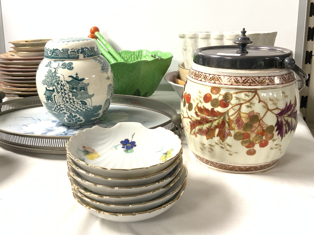 WEDGEWOOD JASPERWARE BISCUIT BARREL, TWO CERAMIC JELLY MOULDS, CARLTON WARE SALAD BOWL AND SERVERS - Image 4 of 7