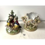 A MEISSEN STYLE PORCELAIN GROUP OF HUNTSMAN AND LADY WITH DOG; A/F; 23 CMS AND A DRESDEN STYLE