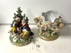 A MEISSEN STYLE PORCELAIN GROUP OF HUNTSMAN AND LADY WITH DOG; A/F; 23 CMS AND A DRESDEN STYLE