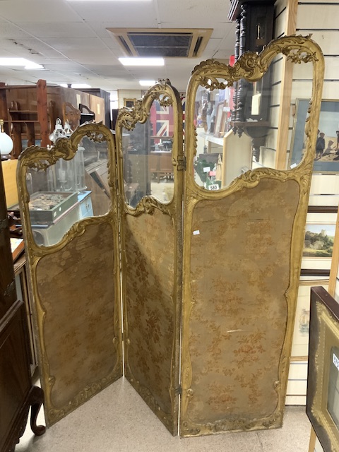 A FRENCH GLAZED GILTWOOD AND EMBROIDERED PANEL THREE FOLD SCREEN. - Image 2 of 2