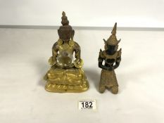 TIBETAN GILT METAL BHUDDA; 18 CMS; AND VINTAGE THAI METAL KNEELING FIGURE.