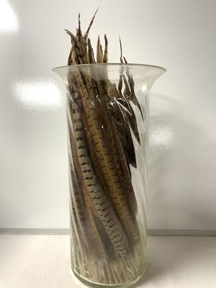 A TALL GLASS VASE CONTAINING FEATHERS; 46 CMS. - Image 2 of 4