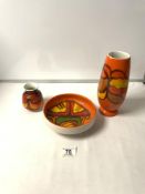 A 1970s POOLE DELPHIS VASE; 22 CMS, ANOTHER VASE AND A BOWL.
