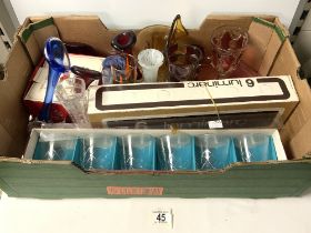 MID CENTURY GLASS VASES AND SETS OF DRINKING GLASSES.