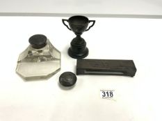 HALLMARKED SILVER TOP AND GLASS DESK INKWELL, SMALL TROPHY AND A HALLMARKED SILVER HOLDER.