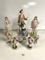 A PAIR OF CONTINENTAL BISQUE PORCELAIN FIGURES IN 18TH-CENTURY COSTUME; 30 CM; TWO SMALLER PAIRS