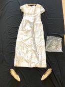 A VINTAGE WHITE FIRST HOLY COMMUNION DRESS AND PAIR TRUE FORM SHOES (SIZE 3)