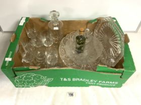 CUT GLASS DECANTER, WINE GLASSES, CHRISTMAS 1980 PAPERWEIGHT, ETC.
