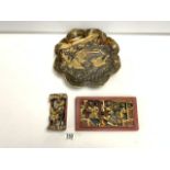 A 19TH-CENTURY JAPANESE TORTOISE SHELL-SHAPED PLAQUE WITH GOLD LACQUER EXOTIC BIRD DECORATION; 30 CM