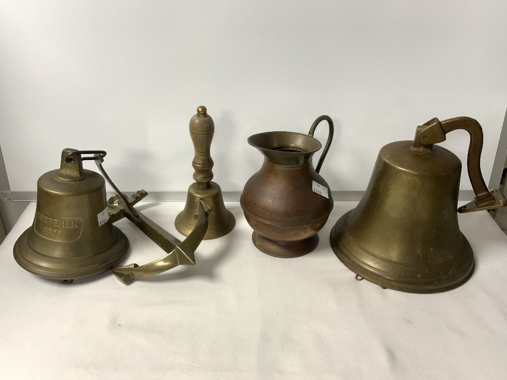 TWO REPRODUCTION BRASS SHIP BELLS, BRASS DESK BELL, BRASS HORSE AND CART AND OTHER BRASS WARE. - Image 3 of 4