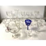 QUANTITY OF CUT AND ENGRAVED DRINKING GLASSES, INCLUDES A LIQUER GLASS WITH COLOURED SPIRAL TWIST