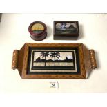 INLAID WALNUT AND BUTTERFLY WING INSET RECTANGULAR TRAY; 39 CMS, SIMILAR ROSEWOOD RECTANGULAR BOX