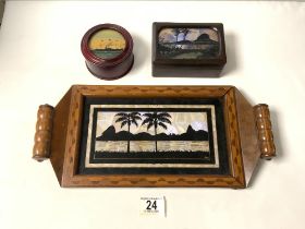INLAID WALNUT AND BUTTERFLY WING INSET RECTANGULAR TRAY; 39 CMS, SIMILAR ROSEWOOD RECTANGULAR BOX