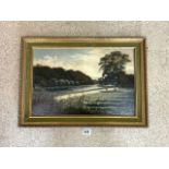 OIL ON CANVAS MEN FISHING IN BOAT AT FALLS; 52X34 CMS.