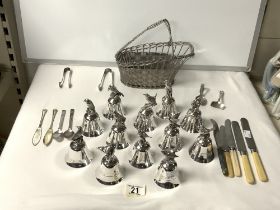 A SET OF TWELVE SILVER PLATED BELLS WITH BIRD HANDLES, PLATED WIRE BOTTLE HOLDER AND CUTLERY.