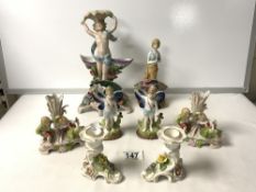 A CONTINENTAL PORCELAIN FIGURAL CANDLESTICK, AF; 25 CMS; PAIR PORCELAIN FIGURES WITH FAN SHAPE