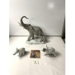 LLADRO MOTHER ELEPHANT AND CALF GROUP; 30 CM AND TWO LLADRO ELEPHANTS WITH FLORAL DECORATION.