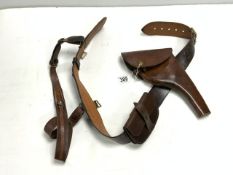 VINTAGE LEATHER BELT WITH LEATHER GUN HOLSTER AND LEATHER POUCH