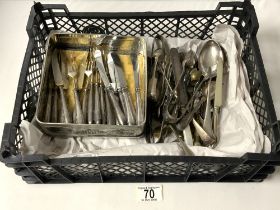 SILVER HANDLED TEA KNIVES AND FORKS AND PLATED TONGS AND SPOONS.