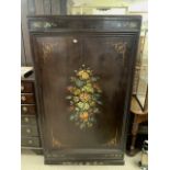 EDWARDIAND MAHOGANY LINEN PRESS, THE DOOR WITH PAINTED STILL LIFE OF FLOWERS DECORATION AND
