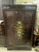 EDWARDIAND MAHOGANY LINEN PRESS, THE DOOR WITH PAINTED STILL LIFE OF FLOWERS DECORATION AND