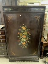 EDWARDIAND MAHOGANY LINEN PRESS, THE DOOR WITH PAINTED STILL LIFE OF FLOWERS DECORATION AND