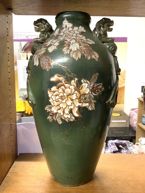 A JAPANESE SATSUMA GREEN GROUND VASE WITH FLORAL DECORATION; 46 CMS. - Image 2 of 4