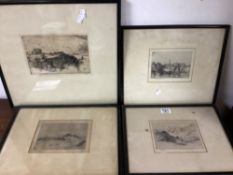 OLIVER HALL (1869-1957) ENGLAND FOUR SIGNED ETCHINGS ALL FRAMED AND GLAZED; 43 X 46CM