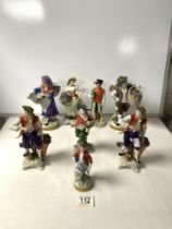 A PAIR OF CONTINENTAL PORCELAIN FIGURES OF FLOWER SELLERS; 20 CMS AND SIX OTHER PORCELAIN FIGURES.