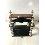 TWO SMALL MAHOGANY WALL SHELVES; ONE WITH MIRROR, BOTH HAVING PORCELAIN FLORAL ENCRUSTED SUPPORTS;