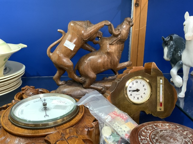 CARVED OAK WALL BAROMETER, A SMALL CLOCK IN THE SHAPE OF AUSTRALIA, A CARVED WOODEN LION ATTACKING - Image 2 of 3