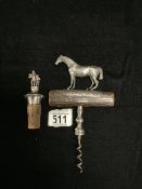 A SWISS WHITE METAL BOTTLE STOPPER AND A PLATED HORSE CORK SCREW.