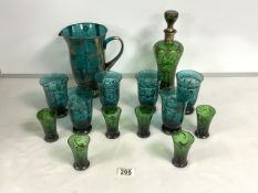 MURANO GREEN GLASS SILVER RESIST DECORATED SHERRY DECANTER AND 6 GLASSES AND SIMILAR BLUE GLASS