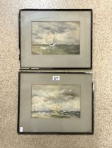 A PAIR OF WATERCOLOURS OF SAILING SHIPS ON ROUGH SEAS; 28X18 CMS.