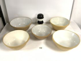 FIVE VINTAGE MIXING BOWLS AND HOMEPRIDE FIGURE.