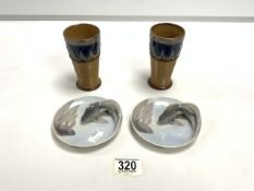 A PAIR OF DOULTON LAMBETH SILVER RIMMED BEAKERS 12 CMS AND A PAIR OF ROYAL COPENHAGEN KOI DESIGN