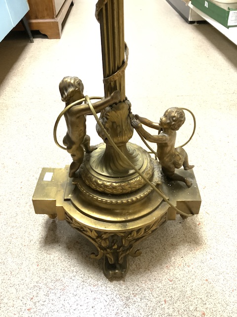 FRENCH ORNATE CORINTHIUM COLUMN ORMULO AND BRASS LAMP STAND WITH CHERUB SUPPORTS TO BASE. - Image 2 of 5