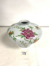 CHINESE PORCELAIN SQUAT MEIPING FAMILLE ROSE HAND PAINTED VASE; 20 CMS.