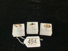 18CT HALLMARKED DIAMOND AND SAPPHIRE 3 STONE RING; 2 GMS, A 9CT HALLMARKED WEDDING BAND; 3.5 GMS AND