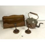 A PAIR OF JERUSALAM WOODEN CANDLESTICKS; 17 CMS, A VICTORIAN COPPER KETTLE AND OAK LETTER RACK.