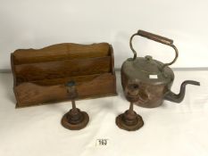 A PAIR OF JERUSALAM WOODEN CANDLESTICKS; 17 CMS, A VICTORIAN COPPER KETTLE AND OAK LETTER RACK.