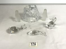 WEDGWOOD GLASS DOLPHIN, WHALE AND DUCK, TWO GLASS PENGUINS AND GLASS STAND.