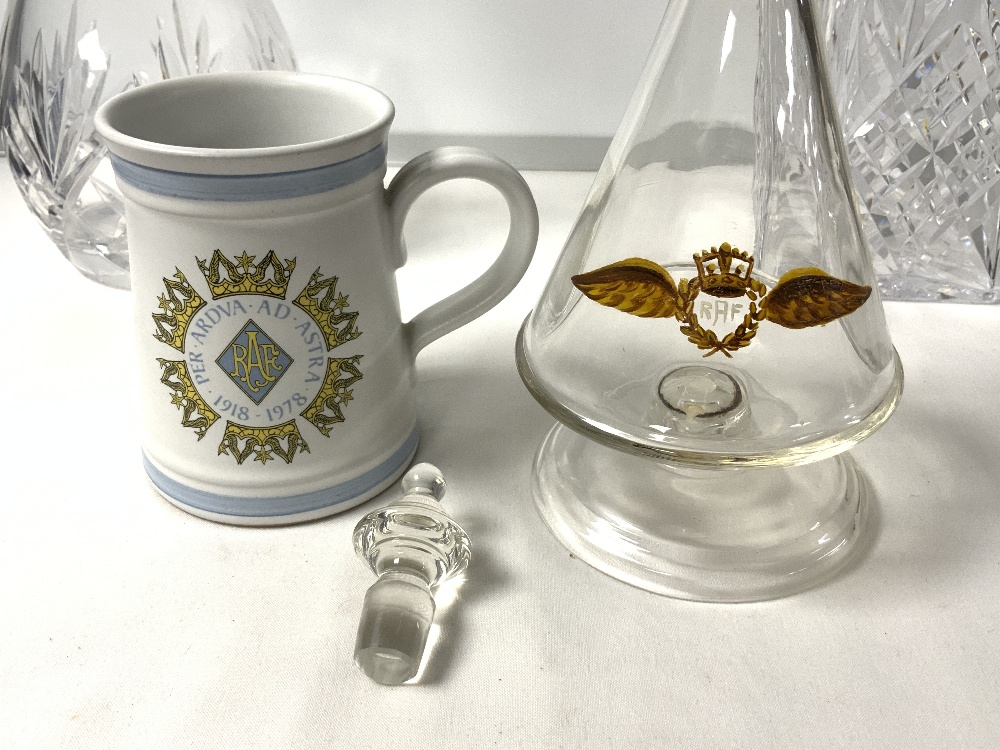 RAF CONICAL SHAPED GLASS SHERRY DECANTER, A RAF POTTERY MUG AND 2 GLASS DECANTERS. - Image 2 of 5