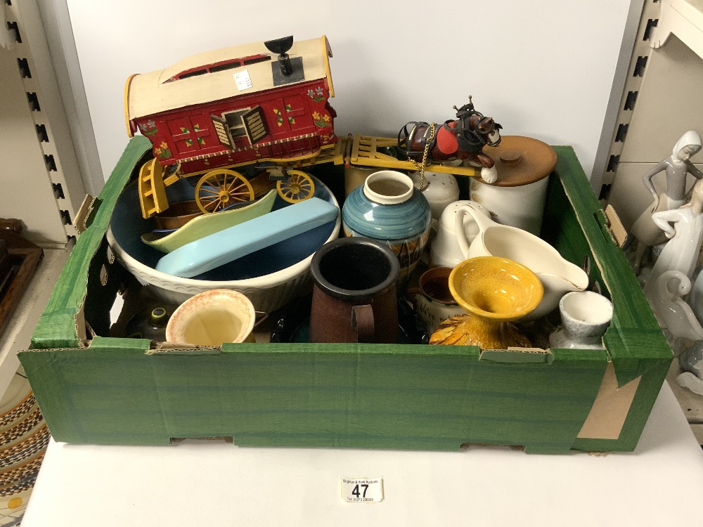 LEATHER AND POTTERY TANKARD, MIXING BOWL, OTHER CERAMICS AND A HORSE AND GYPSY CARAVAN.