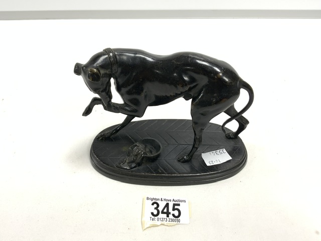 A BRONZE FIGURE OF A GREYHOUND; 16X12 CMS.