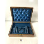 VICTORIAN WALNUT JEWELLERY BOX WITH BLUE VELVET FITTED INTERIOR; 30X24 CMS.