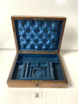 VICTORIAN WALNUT JEWELLERY BOX WITH BLUE VELVET FITTED INTERIOR; 30X24 CMS.