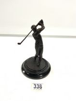 A MODERN BRONZE FIGURE OF A GOLFER IN FULL SWING; 18 CMS.